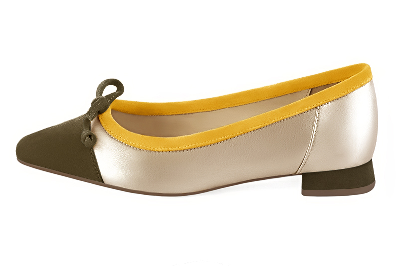 Khaki green, gold and yellow women's ballet pumps, with low heels. Square toe. Flat flare heels. Profile view - Florence KOOIJMAN